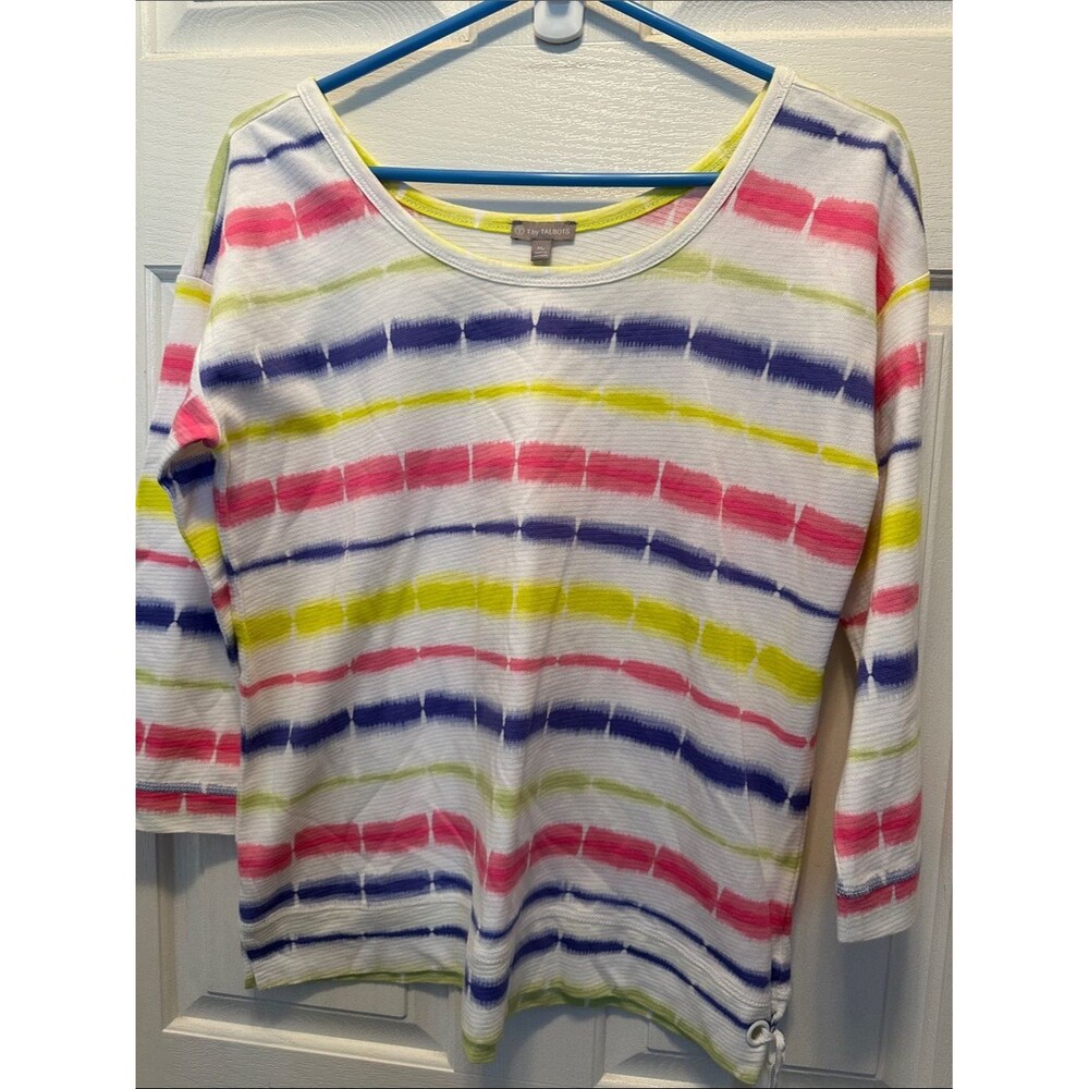 T by Talbots 100% Cotton White Scoop Neck Top with Pink, Navy & Lime Stripes MP
